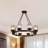 Vintage Black Wagon Wheel Iron Chandelier - 8-Head Pendant with Crystal Shade - This product is a Black Wagon Wheel Chandelier that is Vintage Iron 8-Head Living Room Hanging Pendant with Cylinder Crystal Shade. It is made with cr